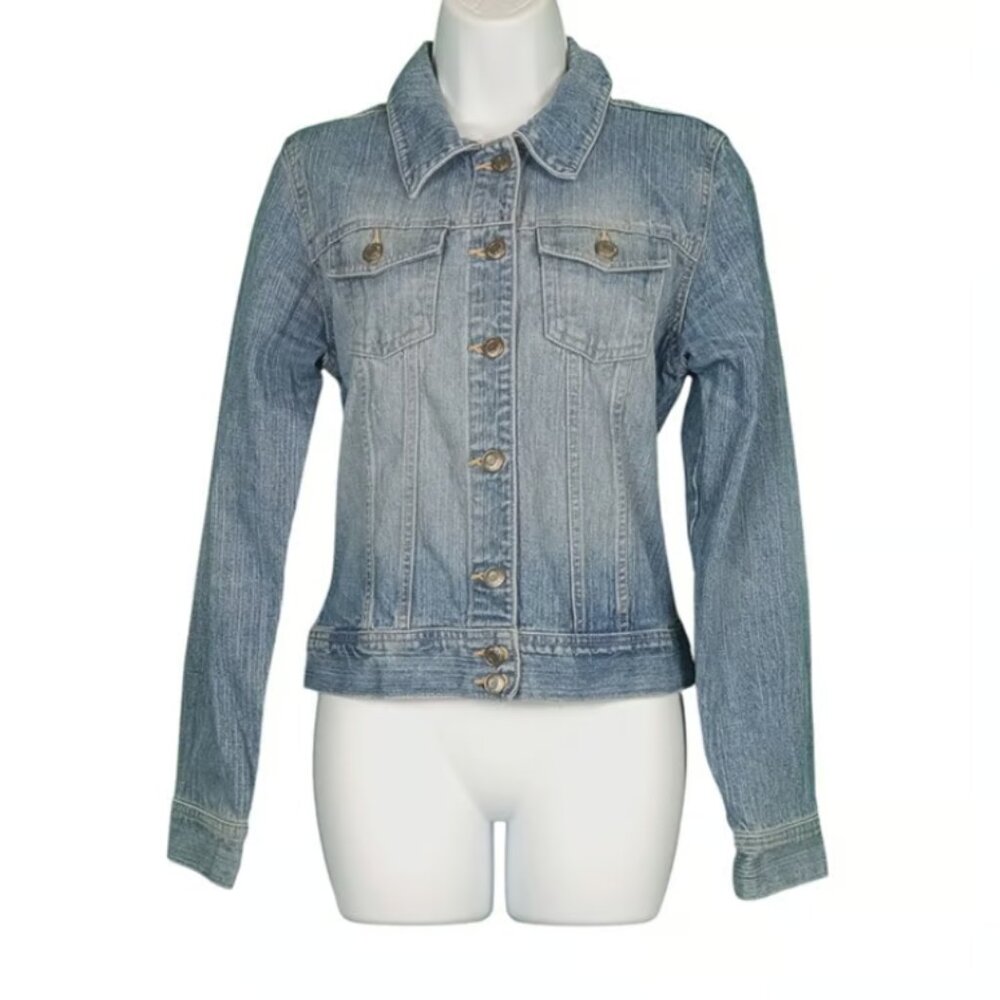Old Navy Vintage Denim Jacket Distressed Blue Button Up with Pockets Size Medium